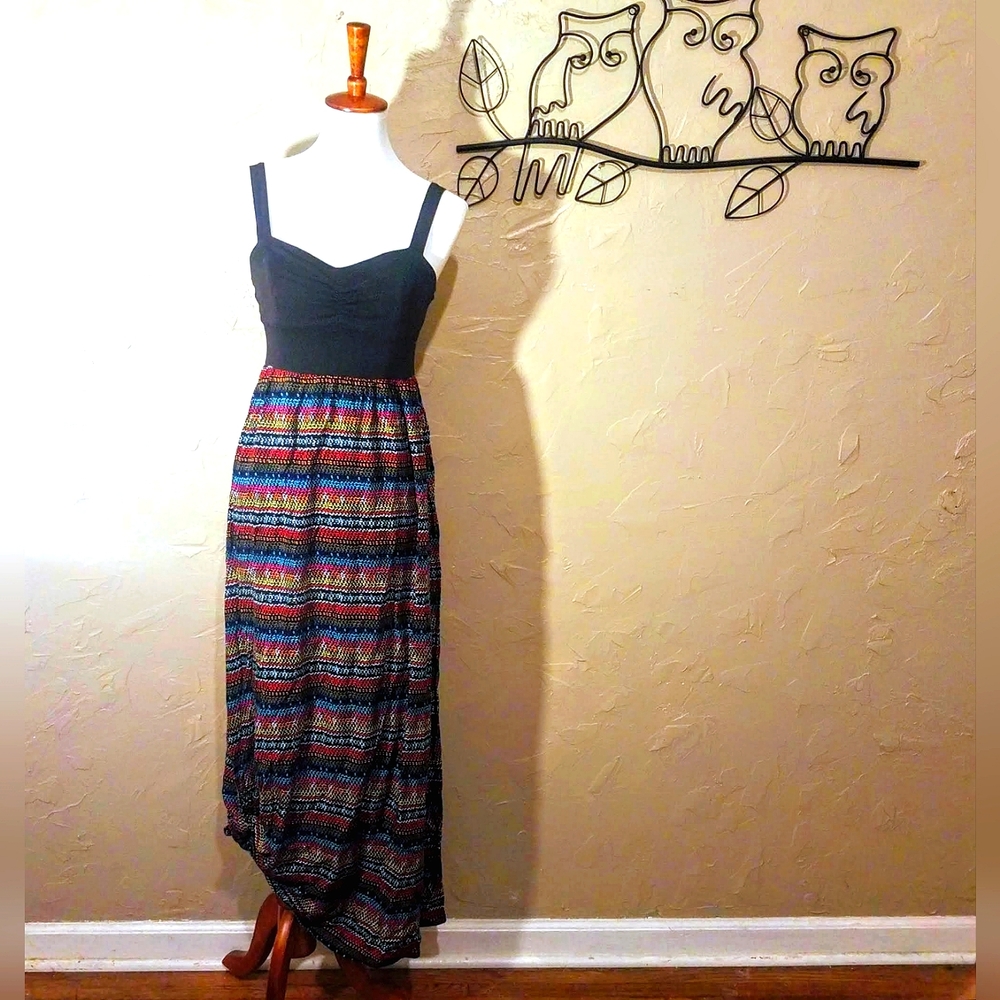 Convertible Straps Multicolor Rainbow Stripe Geometric Pattern Long Maxi Dress